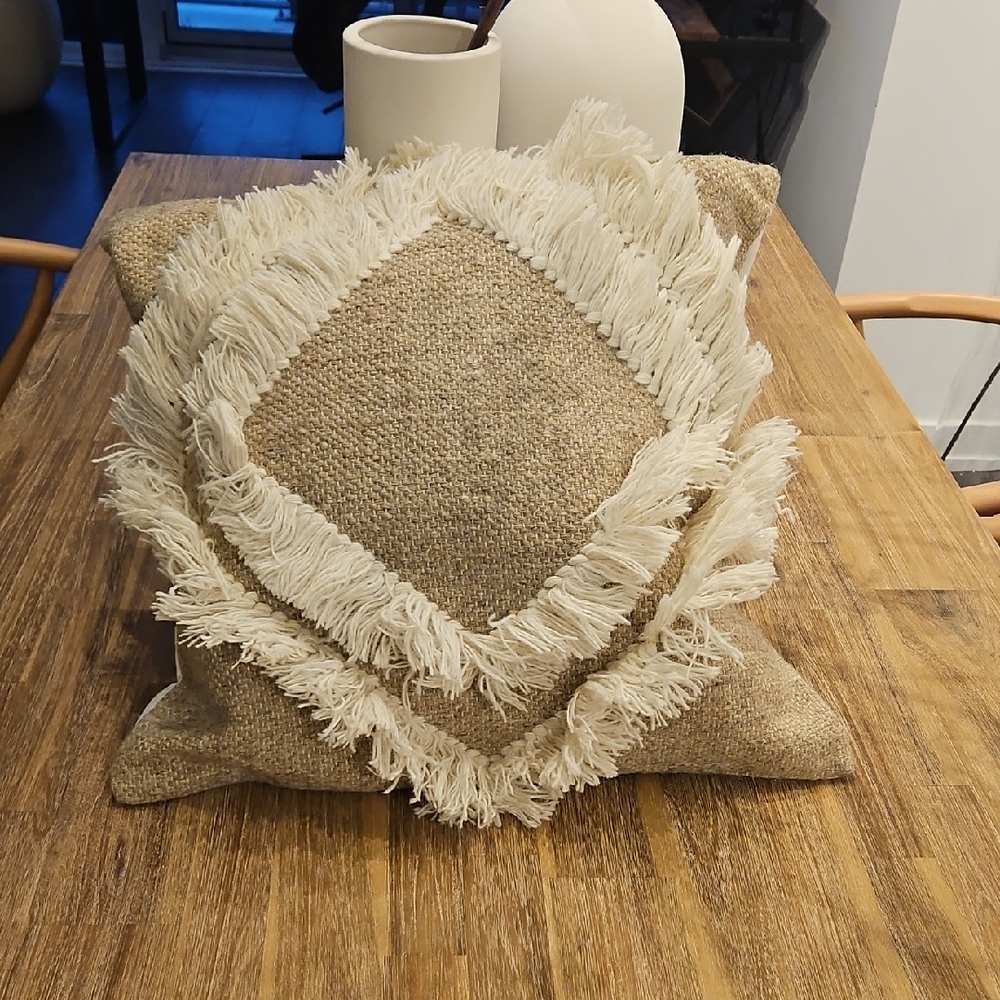 Structure Textured Fringe Pillow in Natural Beige